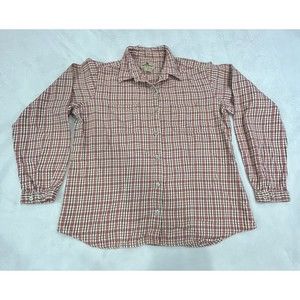 Woolrich Womens Flannel Shirt Medium Pink Brown Cream Plaid Blouse Top Button